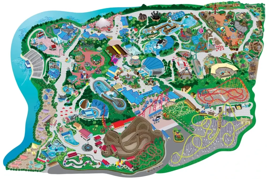 A park map of Six Flags Discovery Kingdom