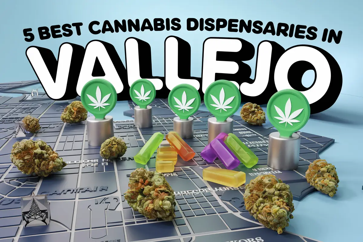 A map of Vallejo California with signs representing cannabis dispensaries