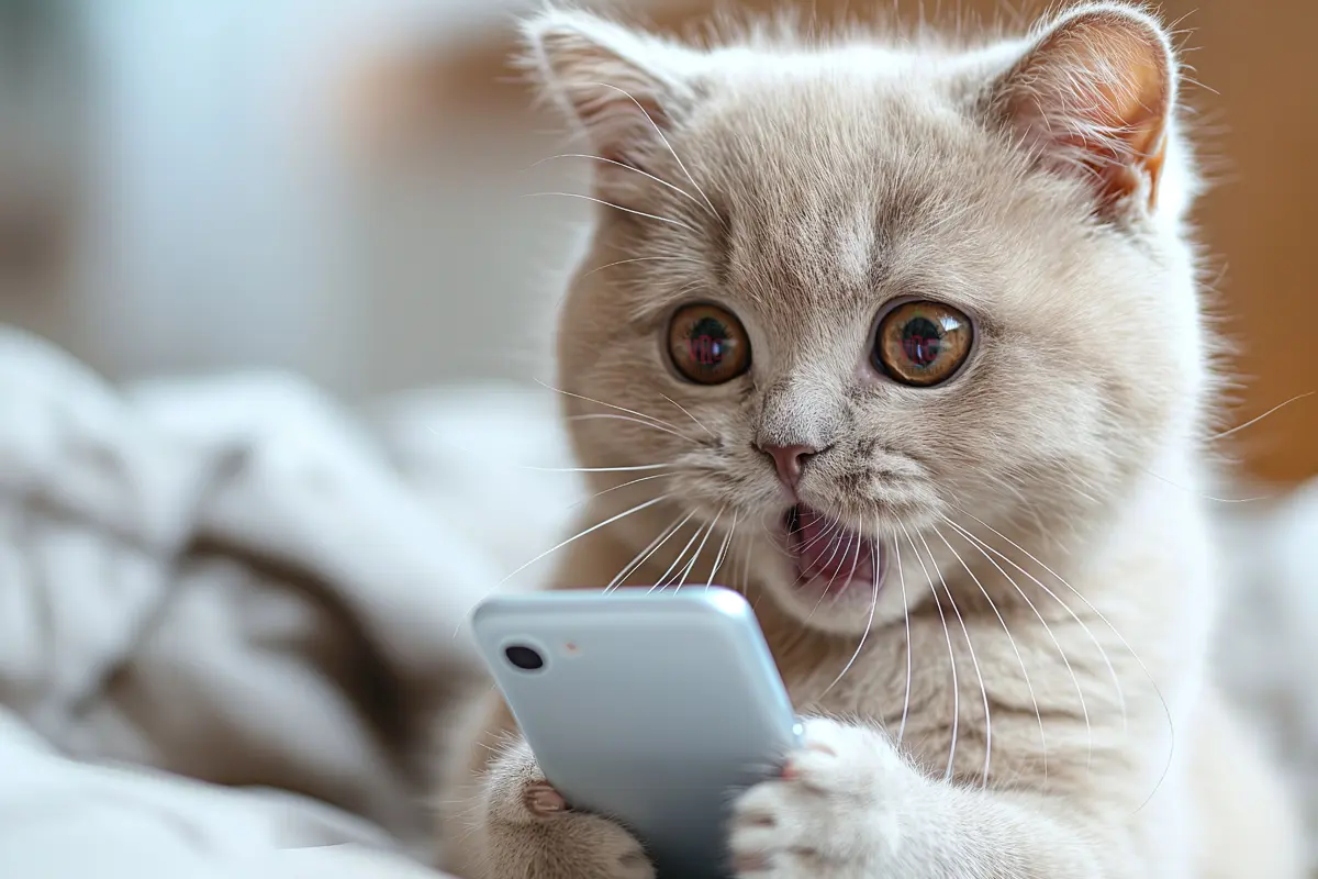 A cat holding a smart phone, absolutely shocked by Vallejo Relief Center's amazing specials, discounts, and rewards.