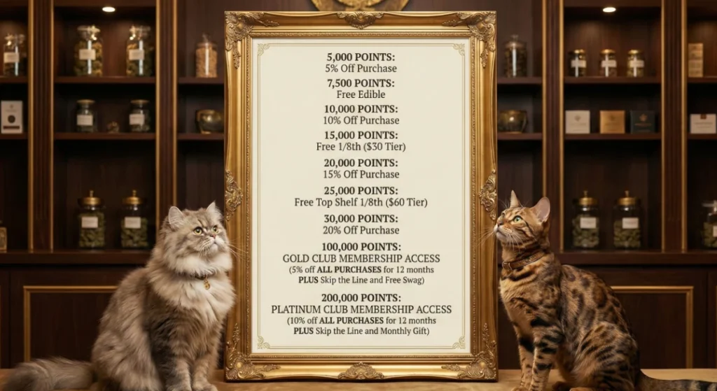 Framed VRC Rewards tier list inside a dispensary display, with two realistic cats sitting on either side of the frame.