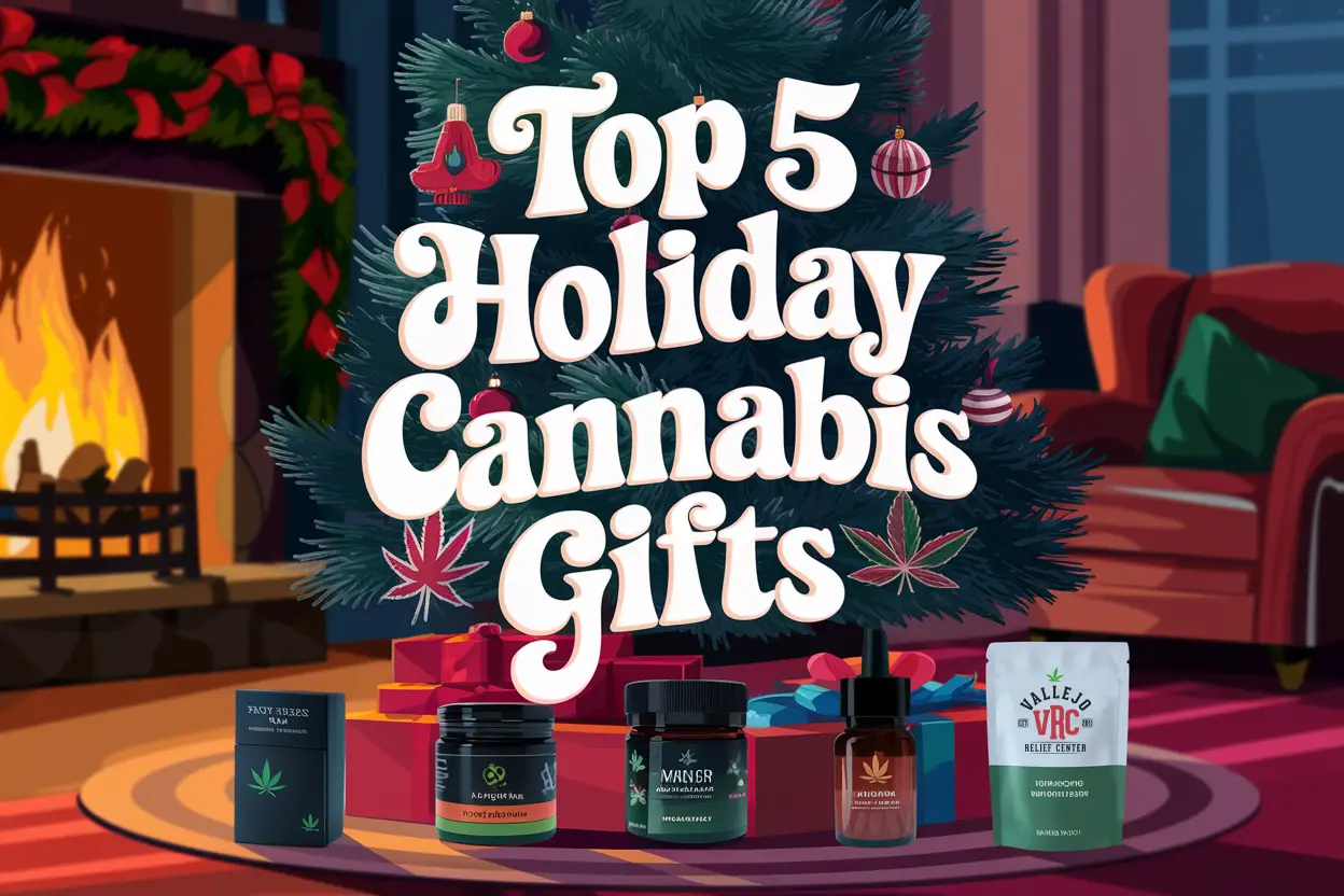 A holiday-themed image of five small cannabis gifts placed under a Christmas tree. The cannabis products do not have writing on them, symbols only. There is a fireplace in the room, which is warmly lit. The background is a cozy room with a couch and a chair. The title text, "Top 5 Holiday Cannabis Gifts", is written in a holiday-inspired, colorful font and is placed above the tree.