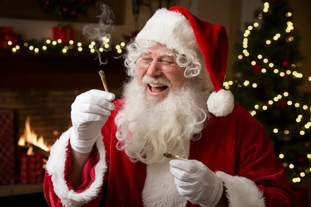 A photo of Santa Claus holding a marijuana joint and laughing. There are small trails of smoke wafting through the room. Santa is wearing a red suit and has a white beard. The background is a cozy room with a Christmas tree, gifts, and a fireplace.