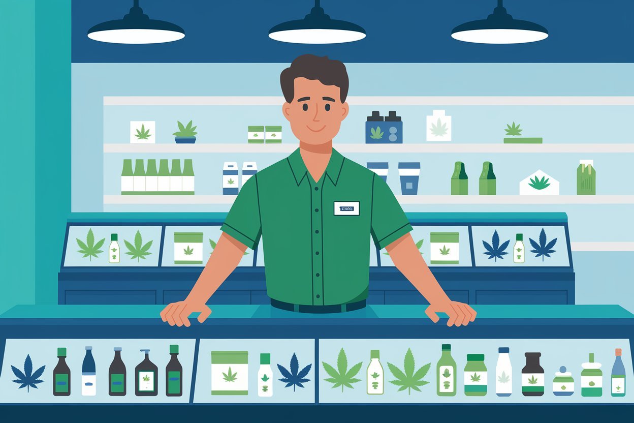 A Budtender or a bartender equivalent for cannabis dispensaries standing behind a cannabis product selection at the shop