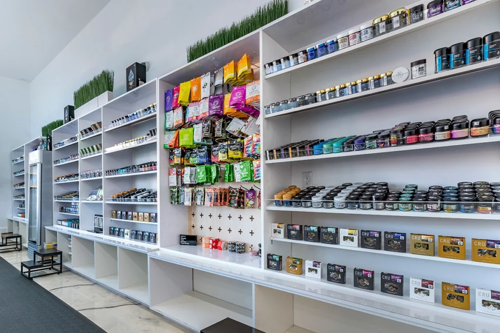 Modern retail display inside Vallejo Relief Center cannabis dispensary, a dispensary near Highway 29 in California, featuring neatly organized shelves stocked with THC and CBD products, edibles, and flower jars.