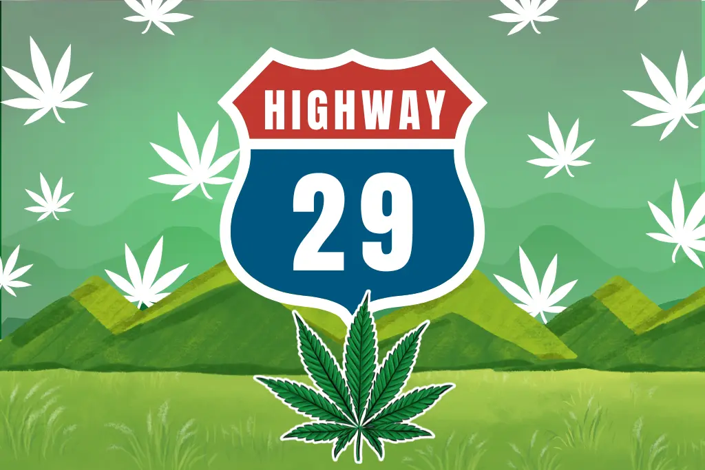 highway 29 dispensary VRC Highway 29 cannabis-themed artwork featuring a road sign, marijuana leaves, and green rolling hills, representing Vallejo’s cannabis culture.