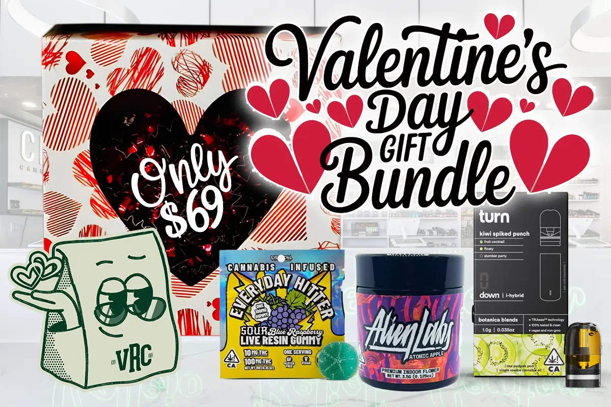 valentines-day-cannabis-gift-bundle Valentine's Day Gift Bundle promotional image featuring a decorated gift box with red and black heart patterns. The text overlay reads 'Only $69 Valentine's Day Gift Bundle' with red heart graphics. Displayed cannabis products include an Everyday Hitter sour blue raspberry live resin gummy, Alien Labs premium indoor flower, a Turn kiwi spiked punch vape pod, and a stylized VRC-branded paper bag illustration with a relaxed expression.
