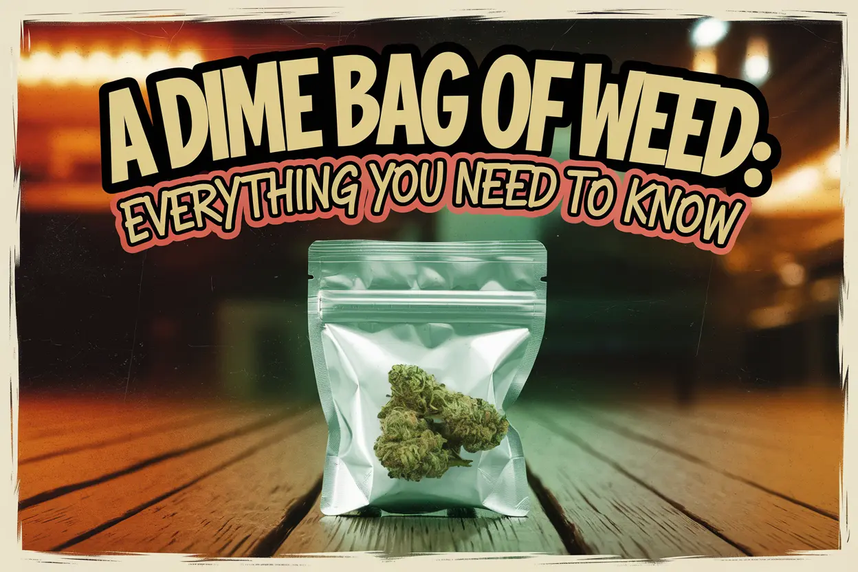 A dime bag of weed: Everything you need to know – Cannabis buds in a sealed bag with a retro-style article header