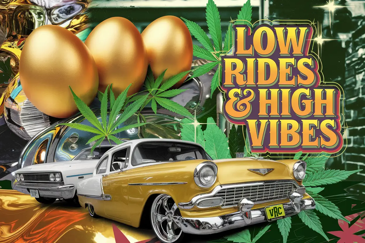 vrc-420-low-rides-high-vibes Lowrider car show and cannabis-themed artwork promoting Vallejo Relief Center’s 4/20 event 2025, featuring classic cars, marijuana leaves, golden eggs, and bold text that reads ‘Low Rides & High Vibes’.