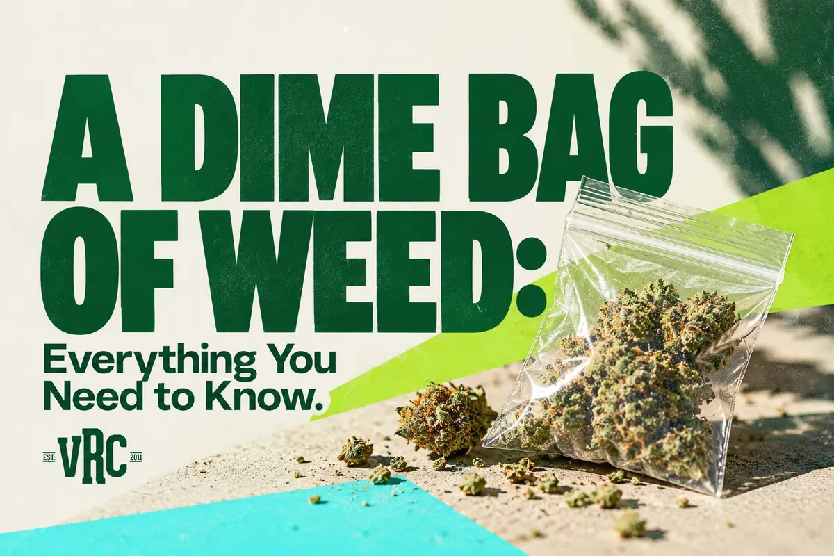 Small clear zip bag of cannabis flower resting on a sunlit concrete surface, with loose buds scattered beside it and bold green “A Dime Bag of Weed” headline text