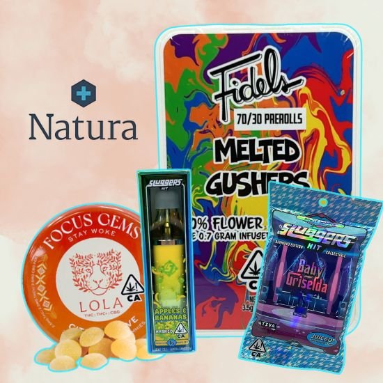 A collection of cannabis products featured in VRC’s Top Specials for Fridays in March, including Focus Gems by Lola, Sluggers vape in Apples & Bananas flavor, Fidel’s Melted Gushers infused pre-rolls, and Sluggers Baby Griselda pre-roll pack. The image has the Natura logo in the background.