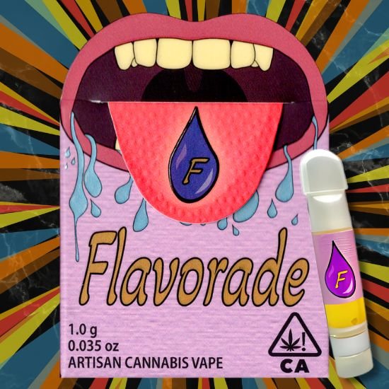 Flavorade Artisan Cannabis Vape from VRC’s Top Specials for Wednesdays in March, featuring a playful and colorful packaging with a cartoon mouth and drooling tongue, surrounded by psychedelic background graphics.