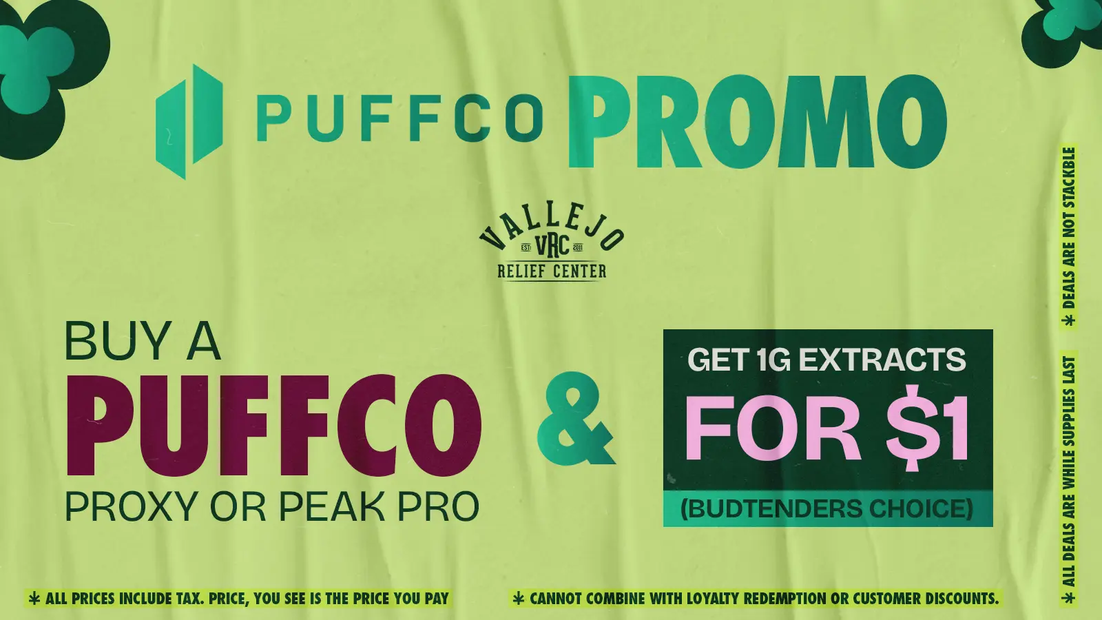 puffco-promo-website-image Vallejo Relief Center Puffco promo — buy a Puffco Proxy or Peak Pro and get 1g extracts for $1, while supplies last. Budtenders’ choice extracts included.