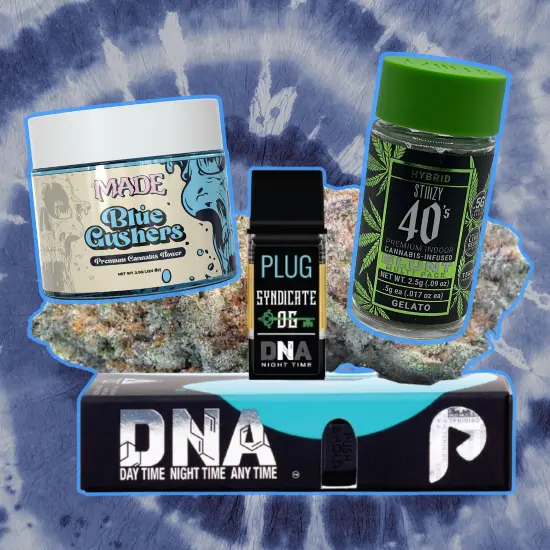 Vallejo Relief Center Saturday Specials featuring cannabis brands Made Blue Gushers, PlugPlay DNA Night Time, and STIIIZY 40’s infused Gelato flower.