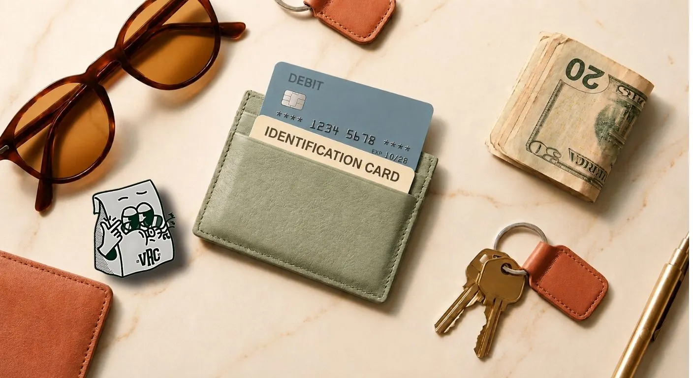 Flat lay of dispensary visit essentials including a wallet with identification card and debit card, folded cash, sunglasses, keys, and the Vallejo Relief Center mascot bag character