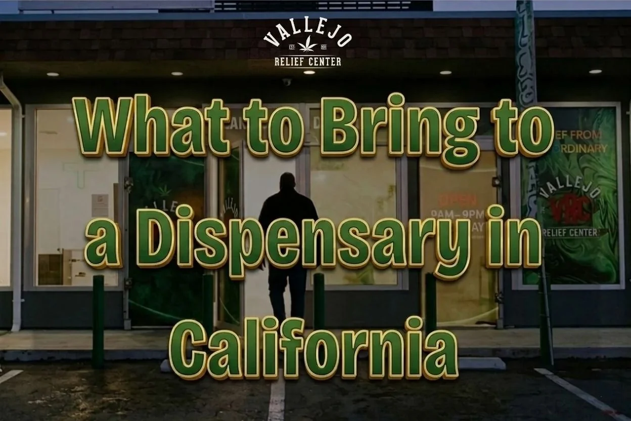 ilhouette of a customer entering Vallejo Relief Center, a licensed cannabis dispensary in Vallejo, California