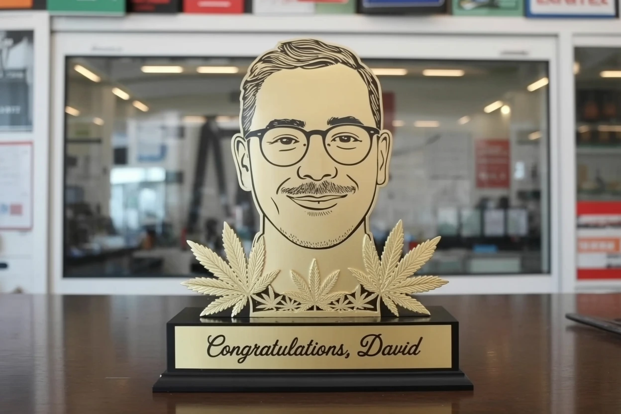 David Trophy Hero Image A trophy with the face of David, a Vallejo Relief Center budtender, and marijuana leaf designs. The trophy also has the words, "Congratulations, David" written on it.
