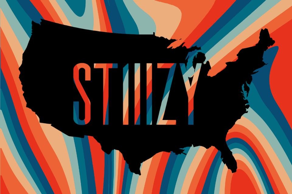 STIIIZY logo integrated into a black silhouette of the United States map with a psychedelic red, blue, and cream swirl background, representing the brand’s national reach and bold aesthetic.