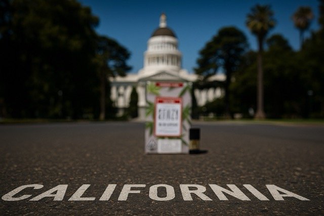 Blurred STIIIZY Blue Dream THC pod in front of the California State Capitol with the word ‘CALIFORNIA’ painted on the pavement, highlighting the brand’s roots in the Golden State.