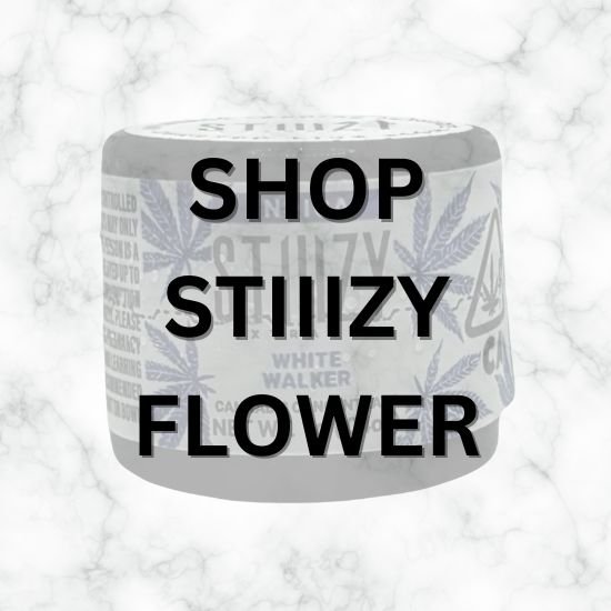 STIIIZY White Walker cannabis flower jar with bold ‘Shop STIIIZY Flower’ text overlay on marble background – Vallejo Relief Center landing page CTA.