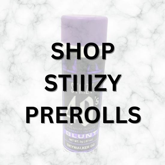 STIIIZY 40’s Skywalker OG infused blunt standing upright with ‘Shop STIIIZY Prerolls’ overlay – featured product image for VRC in Vallejo.