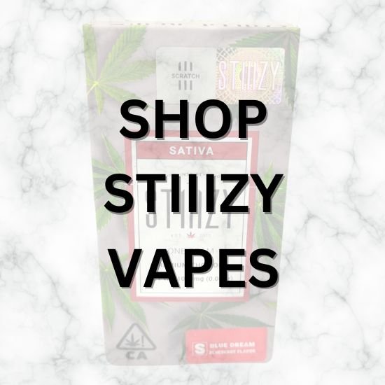STIIIZY Blue Dream Sativa vape pod package with ‘Shop STIIIZY Vapes’ text overlay – promotional image for Vallejo Relief Center.
