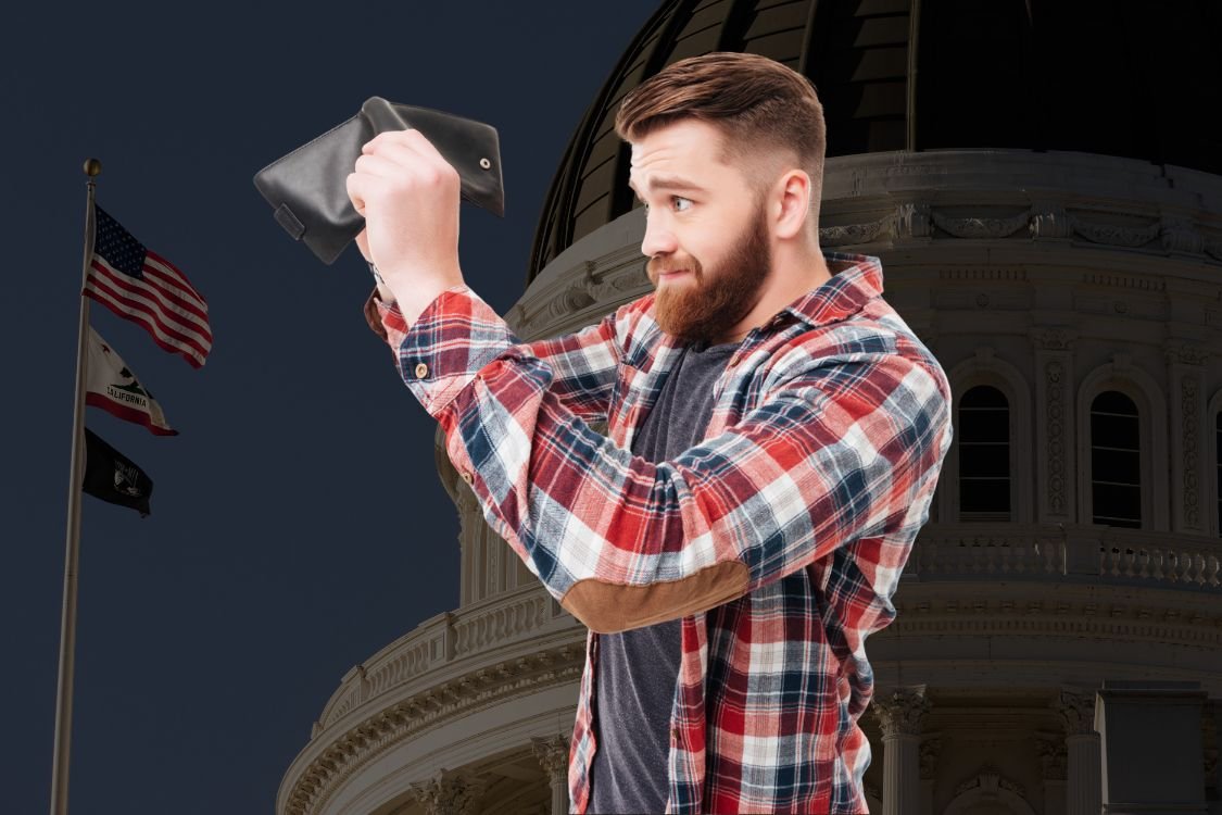 blog-california-tax-excise-hero-image Frustrated man in a plaid shirt holding an empty wallet outside the California State Capitol, symbolizing the impact of the cannabis excise tax increase.