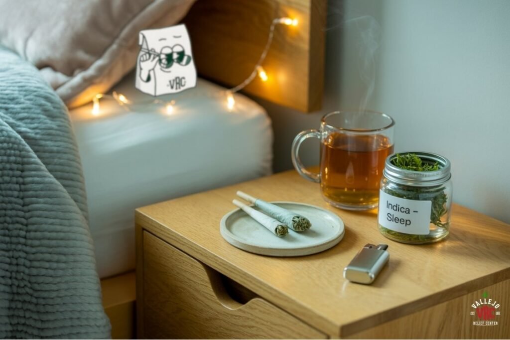 Bedside table with a jar labeled ‘Indica – Sleep,’ two rolled joints on a ceramic dish, a mug of tea, and a lighter. Warm fairy lights and a cozy blanket create a relaxing nighttime mood. VRC cartoon character and Vallejo Relief Center logo are visible.