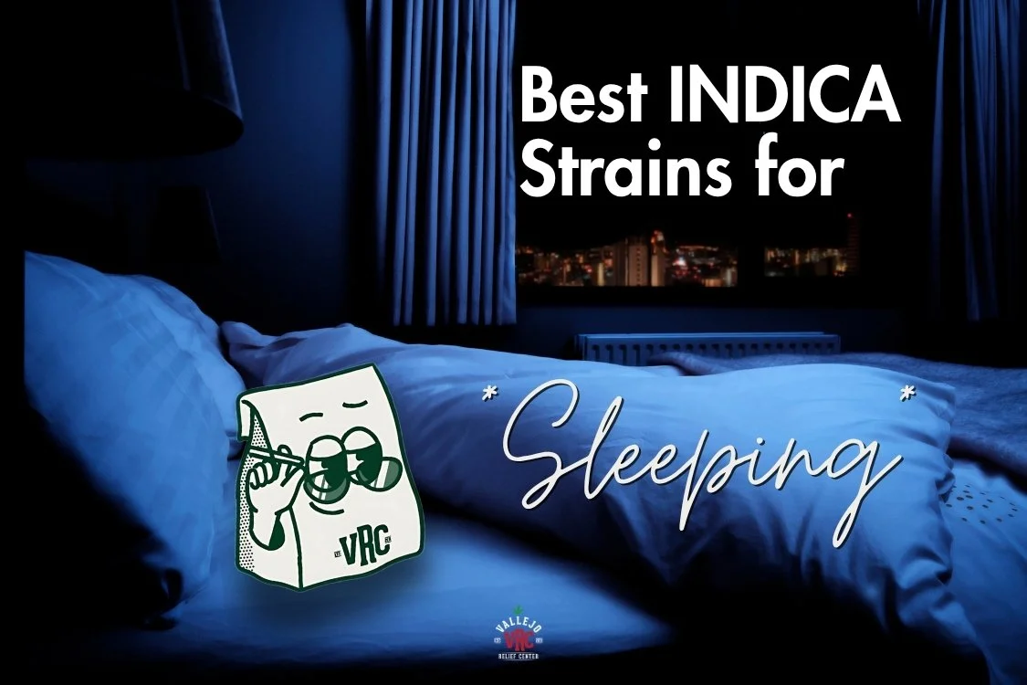 blog-indica-for-sleeping-hero-image Dark, cozy bedroom with blue lighting, a neatly made bed, and city lights visible through the window. Text reads ‘Best INDICA Strains for Sleeping.’ A sleepy cartoon VRC character and Vallejo Relief Center logo are also included.