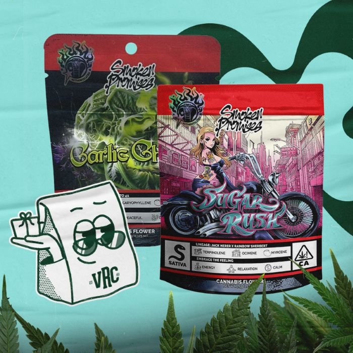 Smoken Promises cannabis flower bags featuring Sugar Rush and Garlic Grove strains, with a smiling VRC mascot and cannabis leaves in the foreground — Vallejo Relief Center daily deal promo.