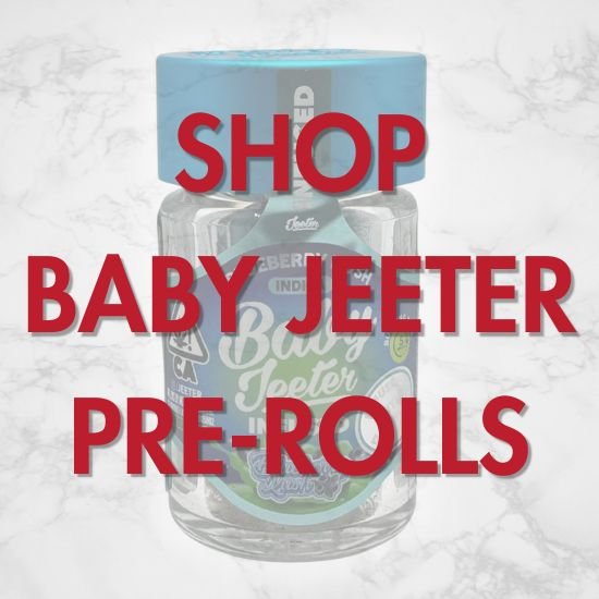 landing-page-shop-baby-jeeter Baby Jeeter Blueberry Kush pre-roll jar with red text reading “Shop Baby Jeeter Pre-Rolls” over a light marble background.