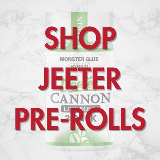 landing-page-shop-jeeter Jeeter Monster Glue Cannon 3-pack with bold red text reading "<br />
"Shop Jeeter Pre-Rolls” over a white marble background.