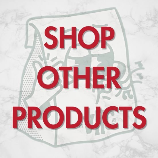 landing-page-shop-other-products Vallejo Relief Center cartoon stash bag logo with red text overlay reading “Shop Other Products” on a marble background.