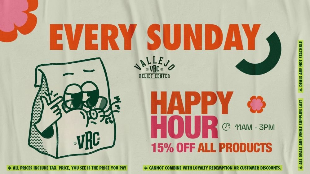 specials-sundays-happy-hour-july-2025 VRC Sunday specials:<br />
15% off all products during Happy Hour from 11 AM to 3 PM.