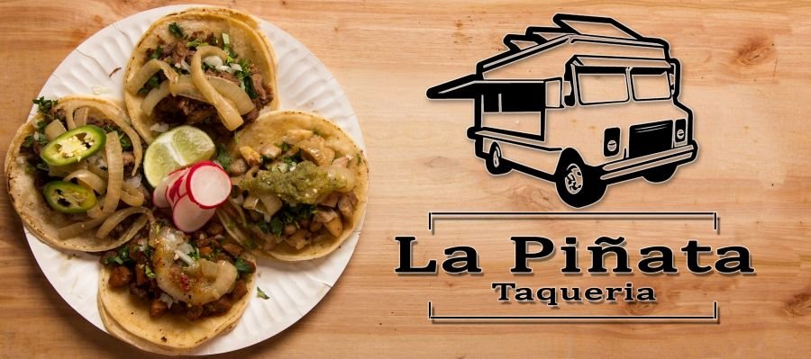 Plate of authentic Mexican street tacos with lime and radish garnish, alongside the La Piñata Taqueria food truck logo.