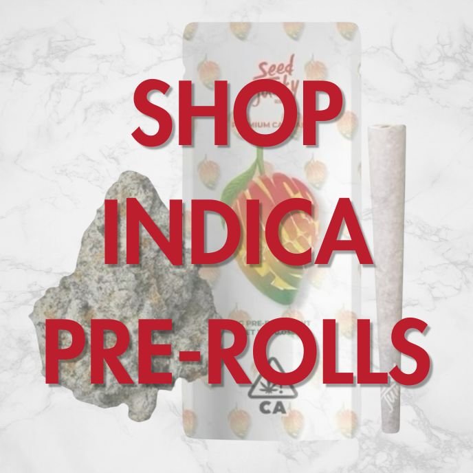 Indica pre-roll promotional image featuring Seed Junky packaging, cannabis bud, and joint with ‘Shop Indica Pre-Rolls’ text overlay on marble background.
