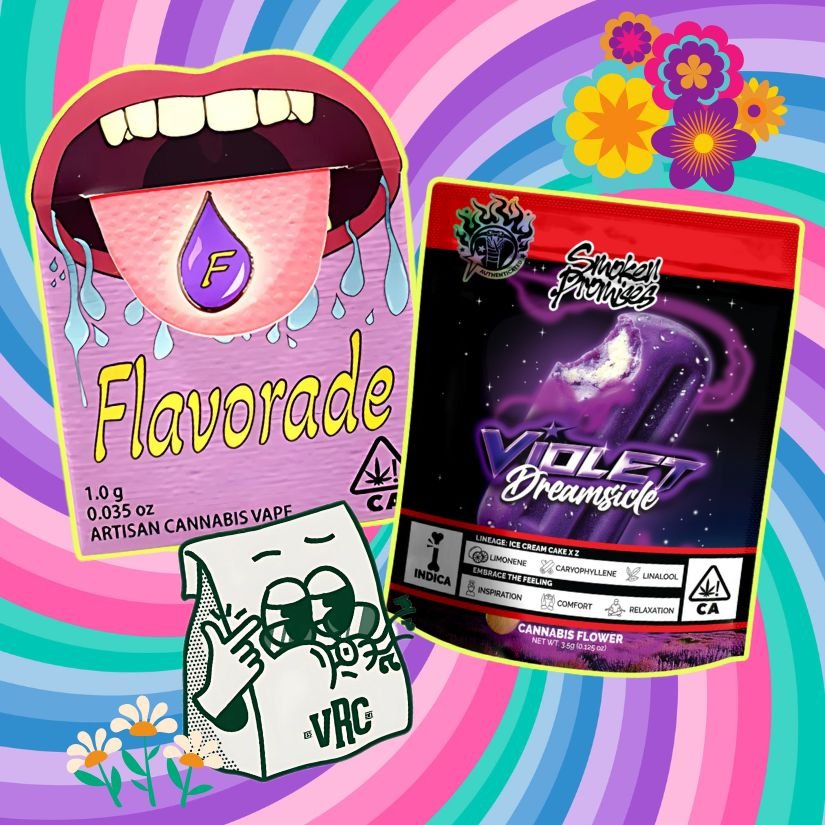 Flavorade artisan cannabis vape and Smoken Promises Violet Dreamsicle cannabis flower displayed on a colorful psychedelic background with VRC mascot - Wednesday weed specials at Vallejo Relief Center.