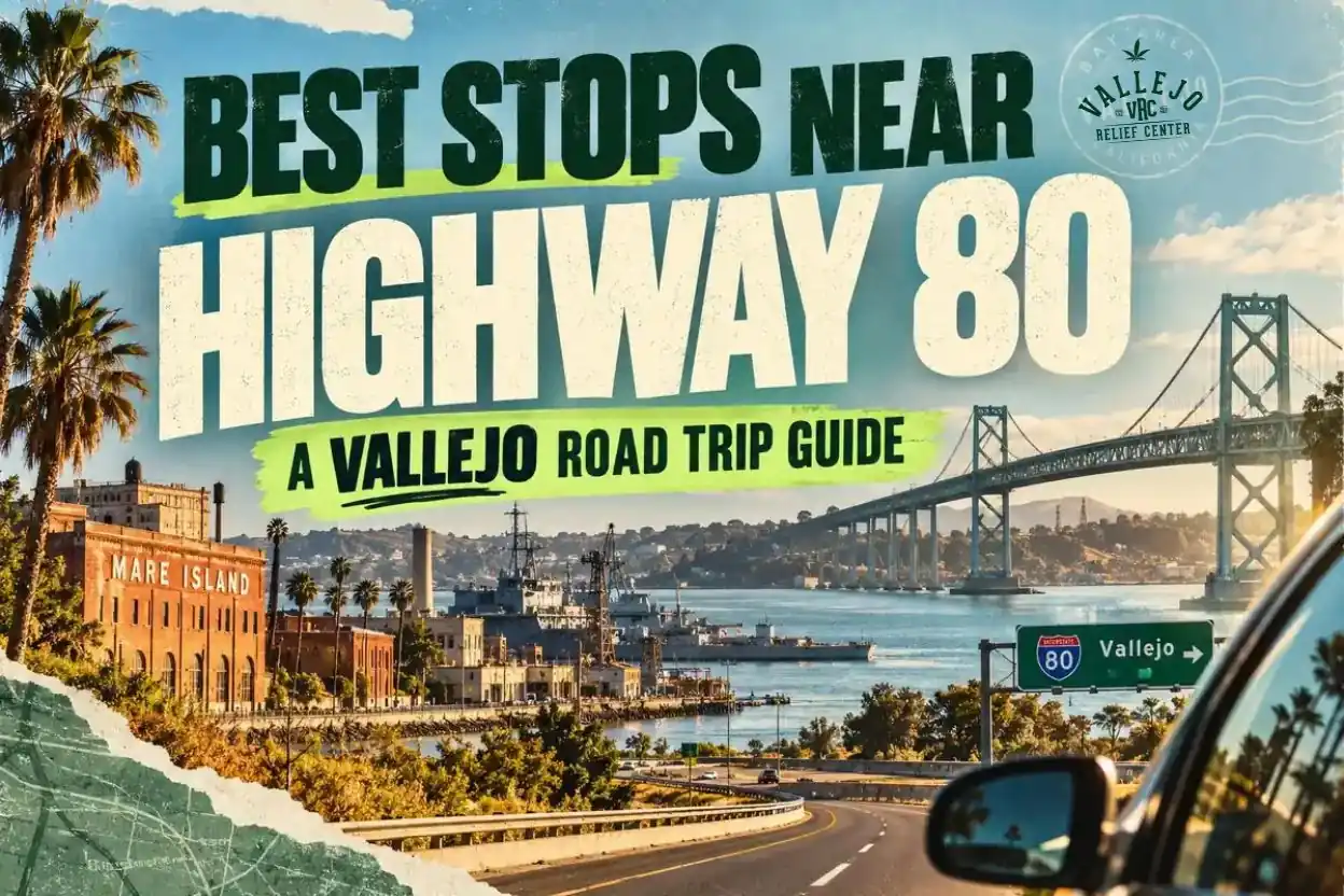 vrc-best-stops-near-highway-80-hero-image Road trip view along Interstate 80 toward Vallejo, with Mare Island’s historic brick buildings, Navy ships on the waterfront, and a suspension bridge stretching across the bay