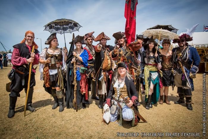 Group of people dressed in pirate costumes at the Northern California Pirate Festival in Vallejo.
