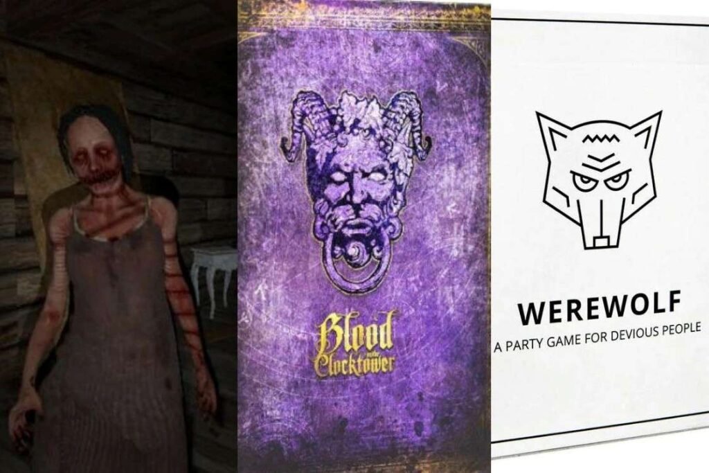 Collection of spooky games for Halloween featuring Phasmophobia, Blood on the Clocktower, and Werewolf party game.