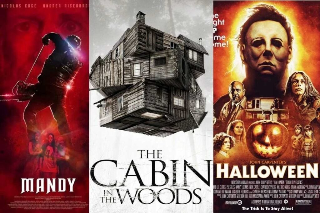 Collage of horror movie posters including Mandy, The Cabin in the Woods, and John Carpenter’s Halloween.