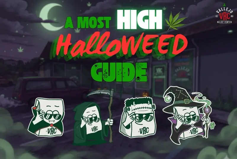 blog-most-high-halloweed-hero-image-enchanced Halloween-themed VRC hero image showing the Vallejo Relief Center mascots dressed as a vampire, grim reaper, Frankenstein, and wizard under the title 'A Most High Halloweed Guide.'