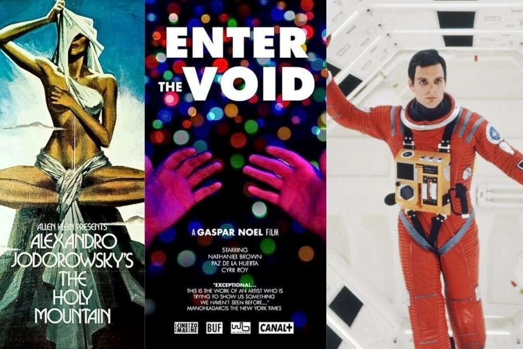 Collage of trippy movies for stoners, featuring posters from The Holy Mountain, Enter the Void, and 2001: A Space Odyssey.