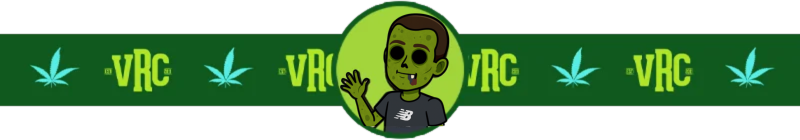 Cartoon zombie version of budtender Danny waving, wearing a New Balance shirt, designed in a Vallejo Relief Center VRC cannabis-themed banner.