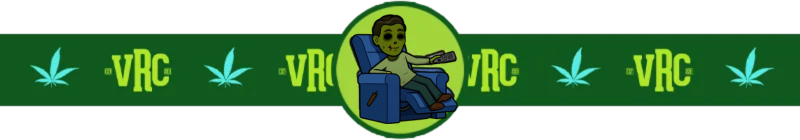 Cartoon zombie version of budtender David chilling in a recliner chair with a remote, featured in a Vallejo Relief Center VRC cannabis banner.