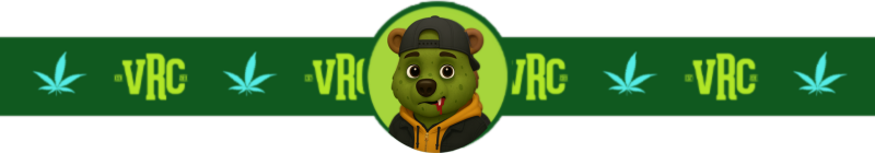 Cartoon zombie version of budtender DLo wearing a cap and hoodie, designed in a Vallejo Relief Center VRC banner with weed leaf accents.