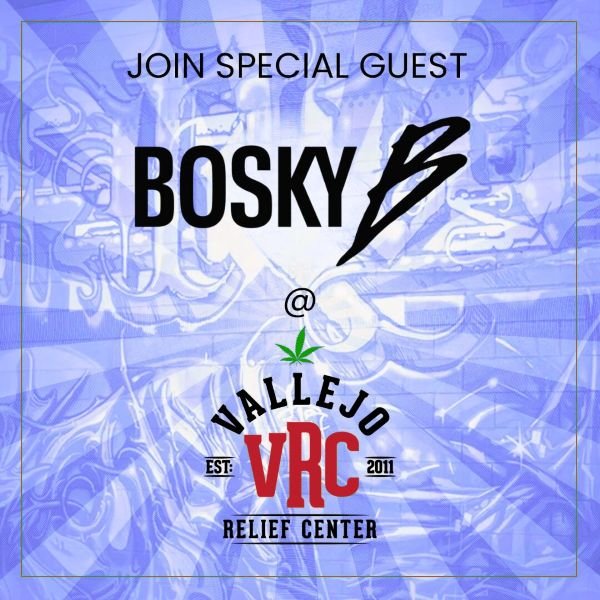 Promotional image announcing a live demo by cannabis brand Bosky Genetics at Vallejo Relief Center dispensary, featuring Bosky Genetics and VRC logos over a blue graphic background.
