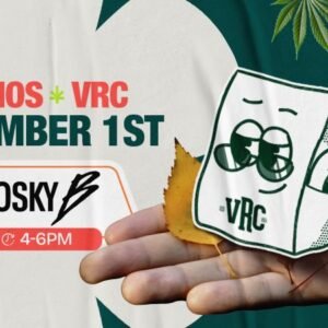 Promotional graphic for Vallejo Relief Center’s cannabis demo featuring Bosky Genetics on November 1st from 4 PM to 6 PM. Includes VRC’s bag mascot holding a small gift, cannabis leaves, and bold autumn-themed design.