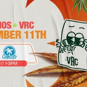 Promotional graphic for Vallejo Relief Center’s cannabis demo with Connected Cannabis Co. on November 11th from 1 PM to 3 PM. Includes VRC’s illustrated bag mascot with peace-sign pose and cannabis leaves in an orange background.