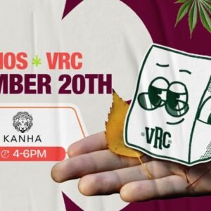 vent poster for Vallejo Relief Center’s Kanha cannabis demo on November 20th from 4 PM to 6 PM. Features VRC’s smiling paper bag mascot on an open hand with autumn leaves and bright cannabis artwork.