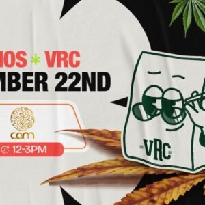 Promotional graphic for Vallejo Relief Center’s cannabis brand demo event featuring CAM on November 22nd from 12 PM to 3 PM. Includes VRC’s illustrated shopping bag mascot with sunglasses, cannabis leaves, and bold text in red, black, and orange tones.